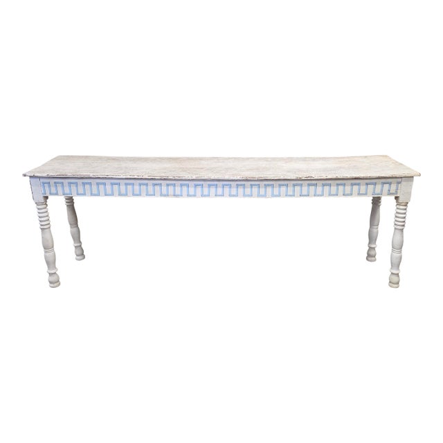 Antique French Rustic Painted Pine and Hardwood Console Table With Greek Key Motif For Sale