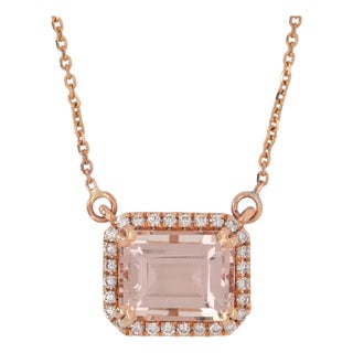 Natural Morganite & Diamond Halo Pendant Necklace: Solid 14k Gold With Chain For Sale