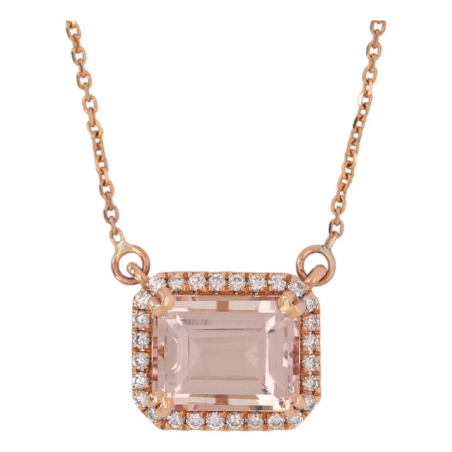 Natural Morganite & Diamond Halo Pendant Necklace: Solid 14k Gold With Chain For Sale