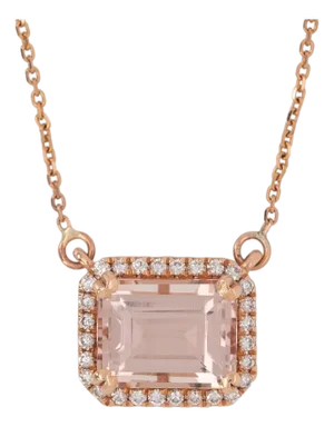 Natural Morganite & Diamond Halo Pendant Necklace: Solid 14k Gold With Chain