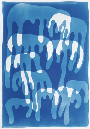 2025, Urban Style, Handmade Monotype Cyanotype in Blue Tones of "Dripping Paint", Watercolor Paper by Kind of Cyan