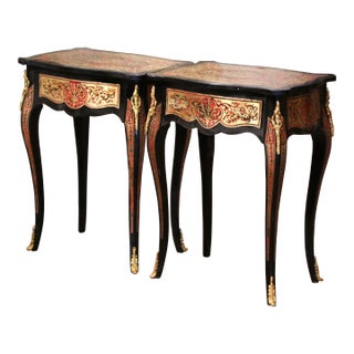 Pair of Mid-Century Louis XV Boulle Style Blackened and Brass Inlay Side Tables For Sale