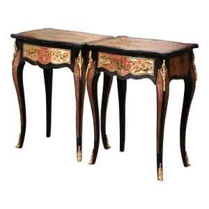 Pair of Mid-Century Louis XV Boulle Style Blackened and Brass Inlay Side Tables