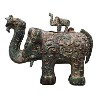 Early 20th Century Bronze Elephant Censer – 5.5" Archaic Style Zun Vessel With Cub Finial For Sale