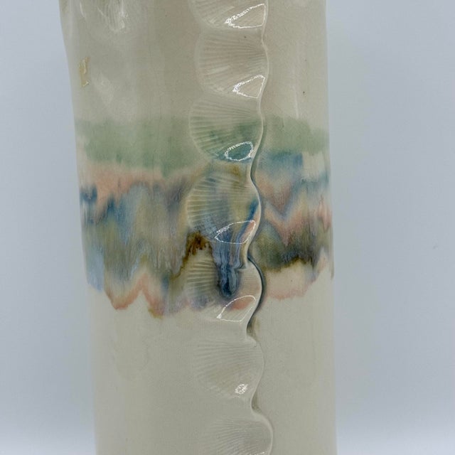 Wood Signed 1992 Studio Pottery Vase With Bamboo Handle, Organic Modern Ceramic Vessel, Handcrafted Art Pottery, Neutral Glaze Cylinder For Sale - Image 7 of 11