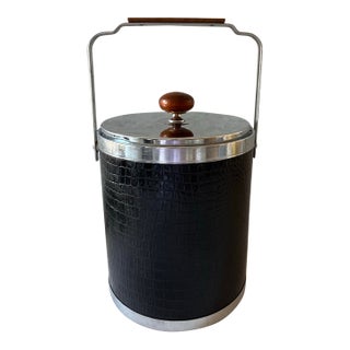 1960s Mid Century Modern Black Faux Alligator, Chrome and Wood Ice Bucket by Kromex For Sale