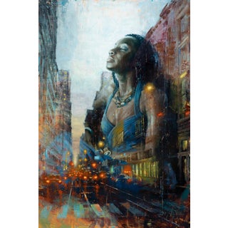 Regal Blue by Christopher Clark | Oil on Wood Panel Woman in a blue dress against a city backdrop. For Sale
