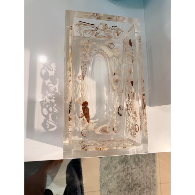 Modern Vintage Thick Lucite Shell Encrusted Tissue Holder For Sale - Image 3 of 12