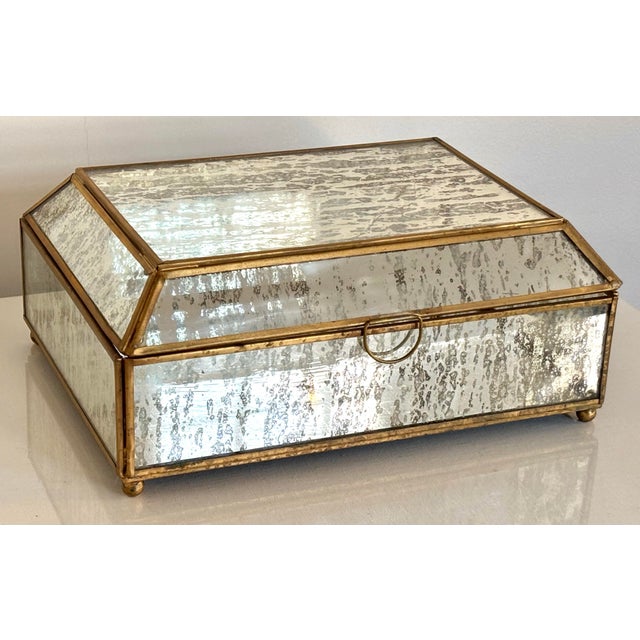 Hollywood Regency Vintage Brass and Mirrored Mercury Glass Lidded Box For Sale - Image 3 of 10