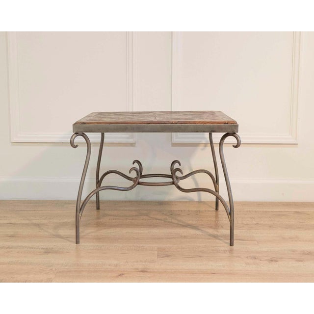 Mid 20th Century 1980s French Coffee Table with Old Wind Rose Parquet Top and Wrought Iron Base For Sale - Image 5 of 7