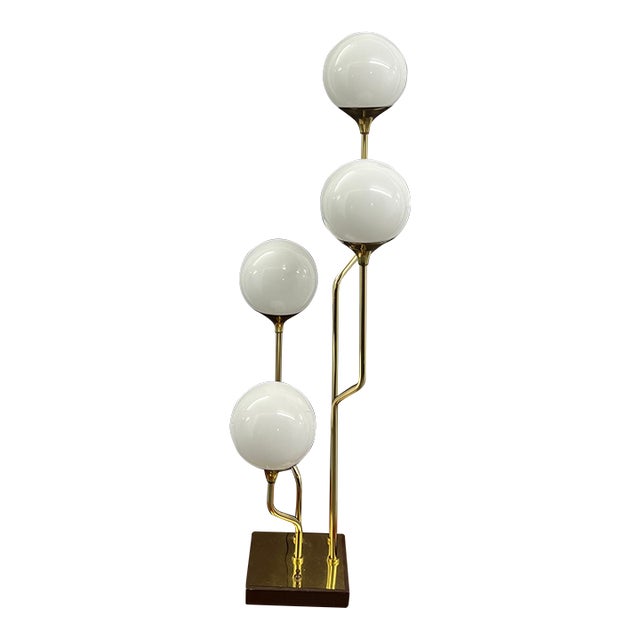 Attributed Goffredo Reggiani Italian Brass & Opaline Glass Four Globe Table Lamp, 1970s For Sale