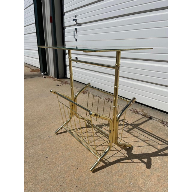 Gold Faux Bamboo Side Table Vintage Mid Century Modern Glass Rack For Sale - Image 4 of 10