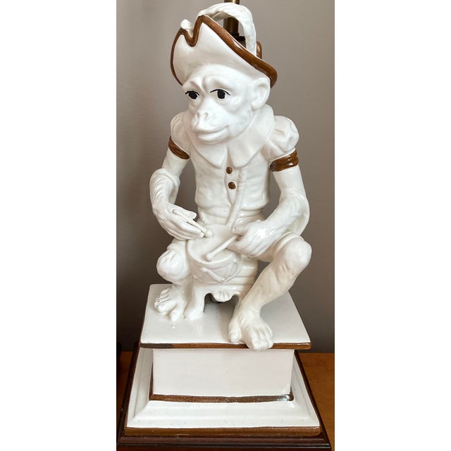 Chinoiserie Vintage Italian Glazed Ceramic Monkey Musician Lamps - A Pair For Sale - Image 3 of 12