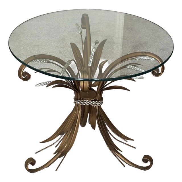 1970's Coco Chanel Style Sheaf of Wheat Metal and Glass Side Table, Drinks Table For Sale