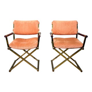 Pair of Milo Baughman Brass and Oak Directors Chairs For Sale