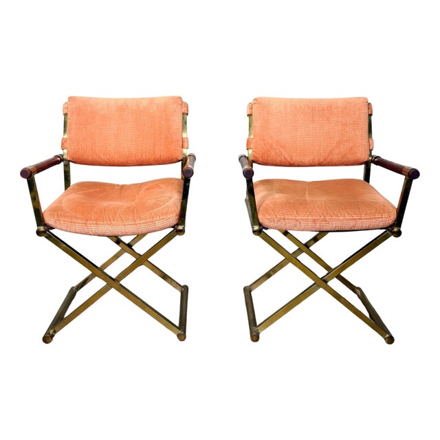 Pair of Milo Baughman Brass and Oak Directors Chairs For Sale