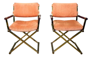 Pair of Milo Baughman Brass and Oak Directors Chairs