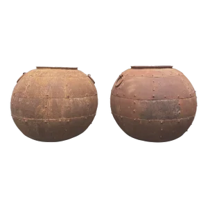 Large Vintage Brutalist Studded Metal Spherical Planters (Pair)