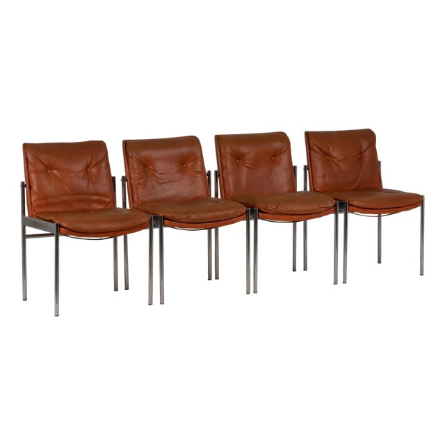 Chairs in Leather and Chromed Metal, 1970s, Set of 12 For Sale