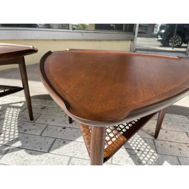 Selig Poul Jensen for Selig Walnut and Woven Cane Guitar Pick Tables, Pair For Sale - Image 4 of 9