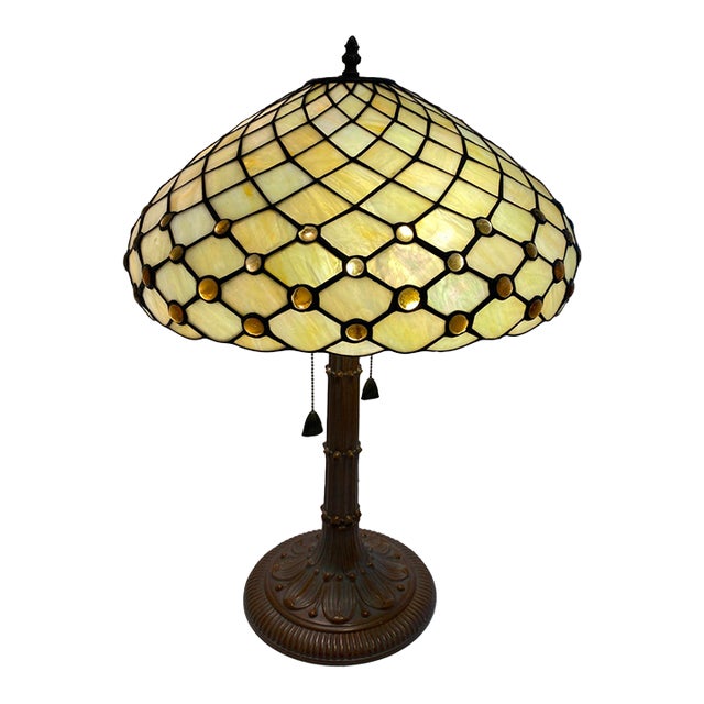 Antique American Tiffany Style Leaded Stained Glass Table Lamp With Amber Jewels For Sale