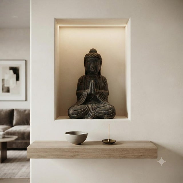 Stone 24" Distressed Black Brown Cross Legs Peaceful Hands Stone Buddha Statue For Sale - Image 7 of 13