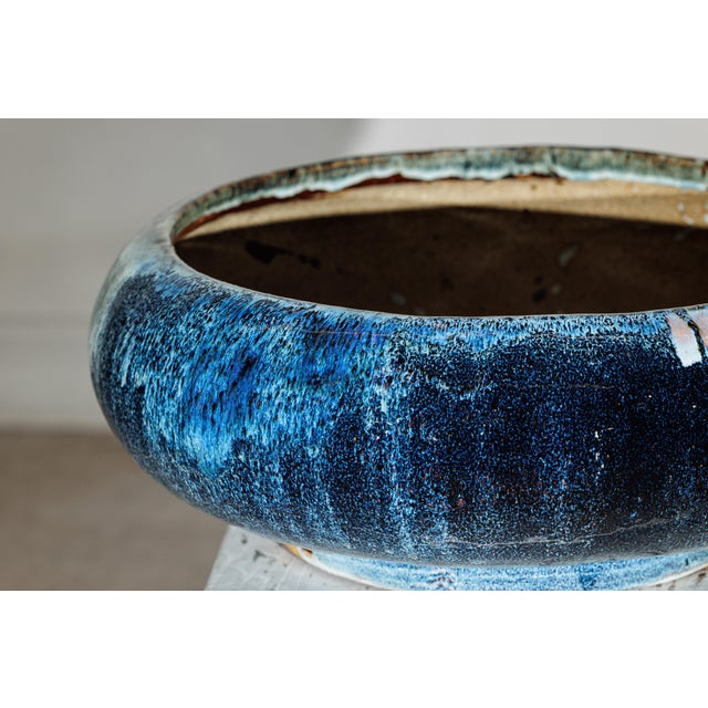 Vintage Shigaraki-Style Light Blue Planter with Organic Glaze and Wide Opening For Sale - Image 9 of 18
