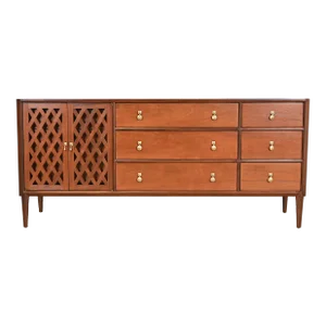 John Stuart Mid-Century Modern Walnut Triple Dresser or Credenza, Newly Refinished