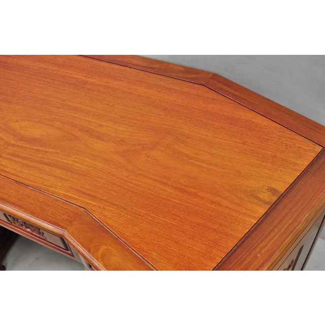 Vintage Chinese Bird Carved Hardwood Kneehole Writing Desk With Decorated Back For Sale - Image 11 of 18