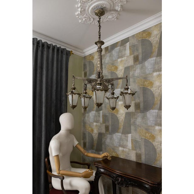 Art Deco Bronze and Frosted White Glass Five-Light Chandelier, France, 1925 For Sale - Image 9 of 18