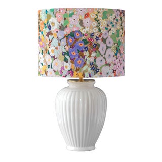 Large Maximalist Delft White Ceramic Table Lamp with New House of Hackney Floral Lampshade For Sale