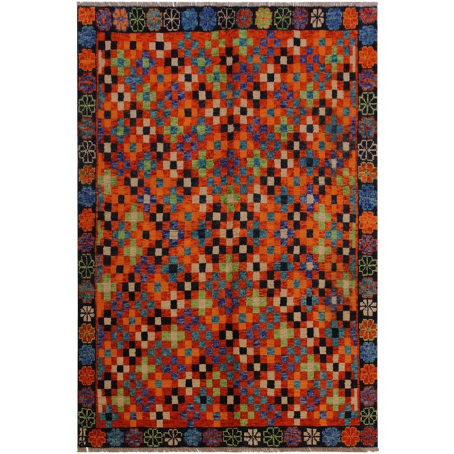 1990s Balouchi Orange/Black Wool Rug - 4'9" X 6'7" For Sale
