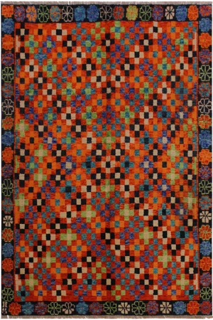 1990s Balouchi Orange/Black Wool Rug - 4'9" X 6'7"