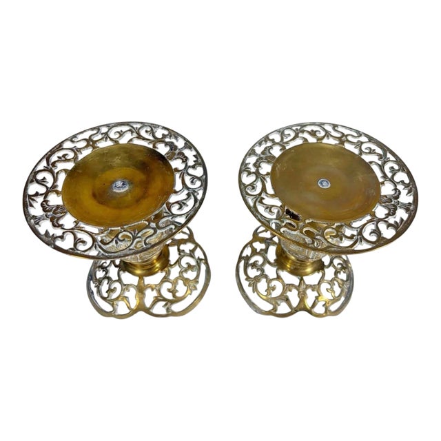Pair of Vintage Asian Ornate Brass Candle Holders For Sale