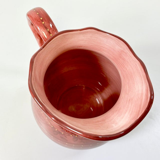 1990s Boho Chic Farmhouse Scalloped Handle Hand Painted Ceramic Pitcher. For Sale - Image 14 of 14