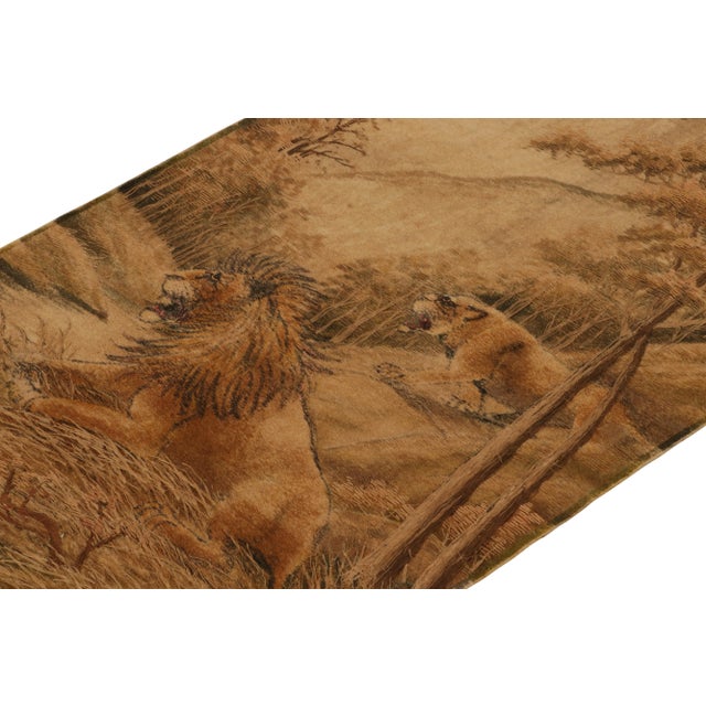 Rug & Kilim Handwoven Antique Japanese Tapestry in Beige-Brown Lion Pictorials For Sale - Image 4 of 7