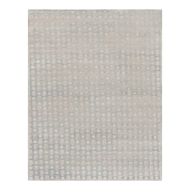 Rug & Kilim’s Modern Block Print Rug in Blue with White Floral Patterns - 10x14 For Sale