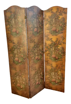 Antique French Asian Style Hand Painted Leather Covered 3 Panel Arch Top Screen