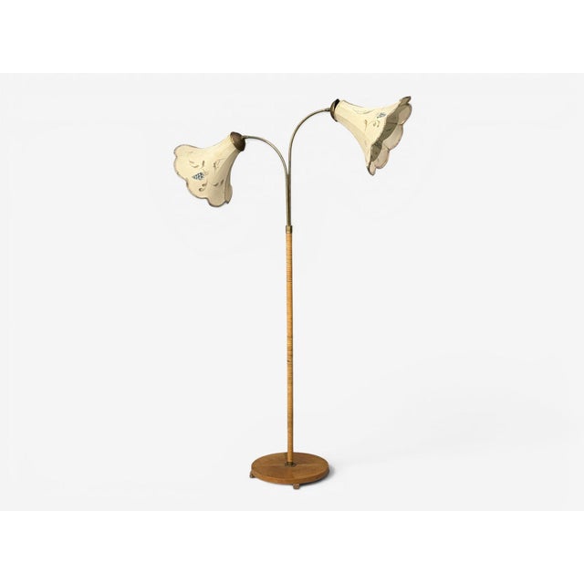 Swedish Mid-Century Modern, Floor Lamp, Rattan, Elm, Fabric, Sweden, 1940s An interesting adjustable floor l,amp designed...