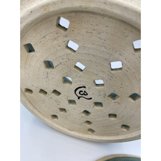 Vintage Studio Pottery Covered Berry Bowl With Lid and Drip Plate, Blue Green Ceramic Colander, Signed Handmade Produce Keeper For Sale - Image 11 of 13