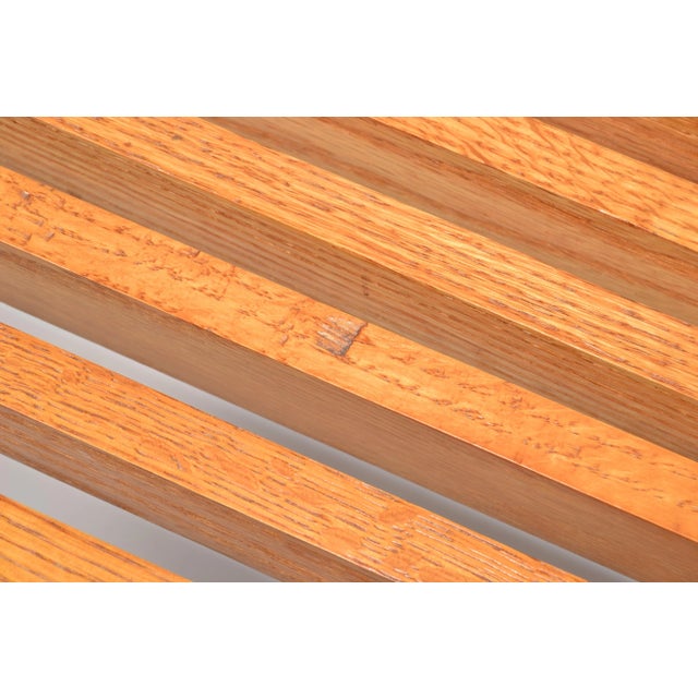 1980s George Nelson Style Oak Slat Bench With Steel Hairpin Legs Attributed to Knoll For Sale - Image 11 of 12