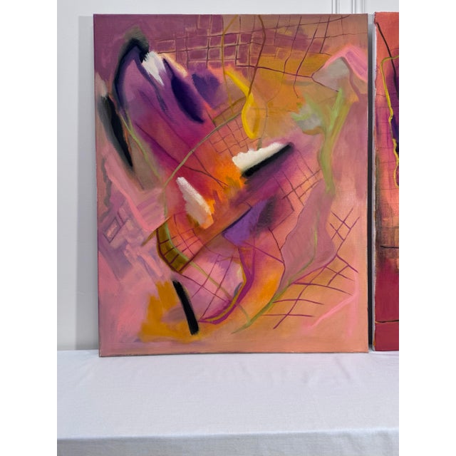 Vintage Contemporary Abstract Expressionism Diptych Original Oil Paintings, a Pair, Magenta, Orange & Plum For Sale - Image 11 of 18