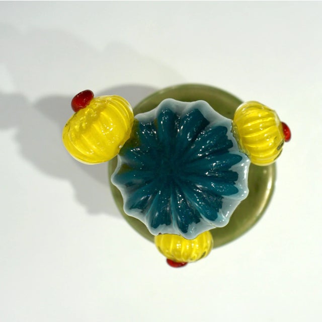 Green 2000s Italian Teal Gold Green Murano Art Glass Cactus Plant With Yellow Flowers For Sale - Image 8 of 13