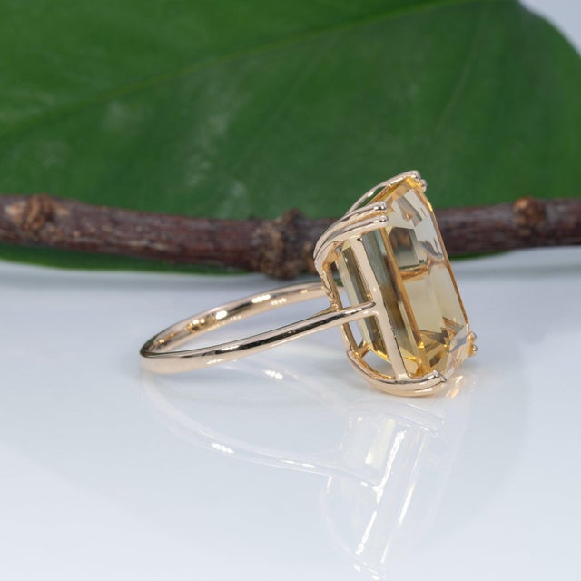 Metal 11.7Ct Citrine Ring – Emerald Cut 16×12 Mm, Solid 14k Gold Statement Ring For Sale - Image 7 of 9