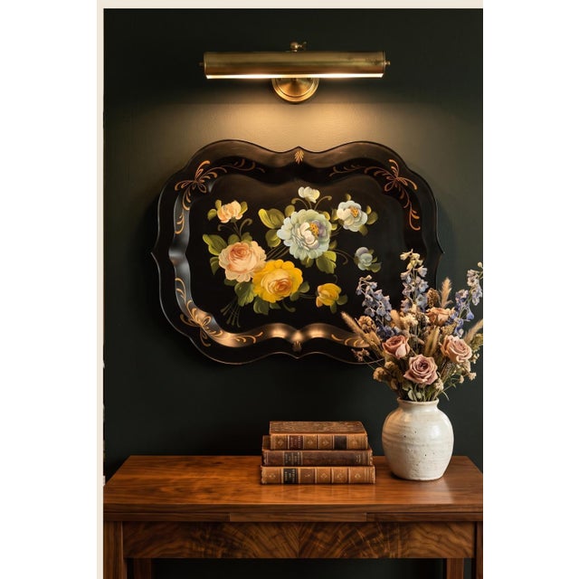 1950s Large 1950s Hand Painted Toleware Tray Black Metal Floral Serving Tole Fine Arts Studio For Sale - Image 5 of 14
