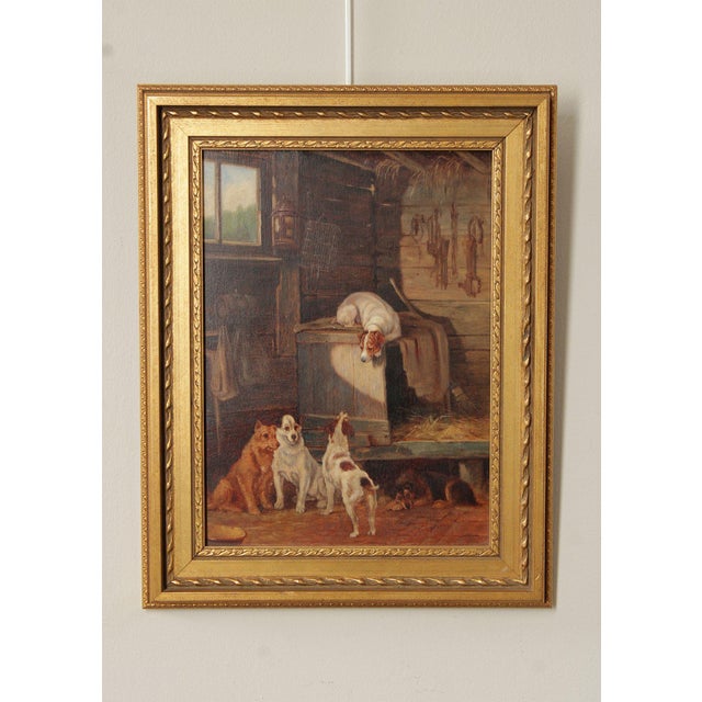 Quality Antique 19th Century Framed Oil Painting on Board of Farm Dogs in a Barn, Unsigned, Lechertier, Barbe & Co. Label...