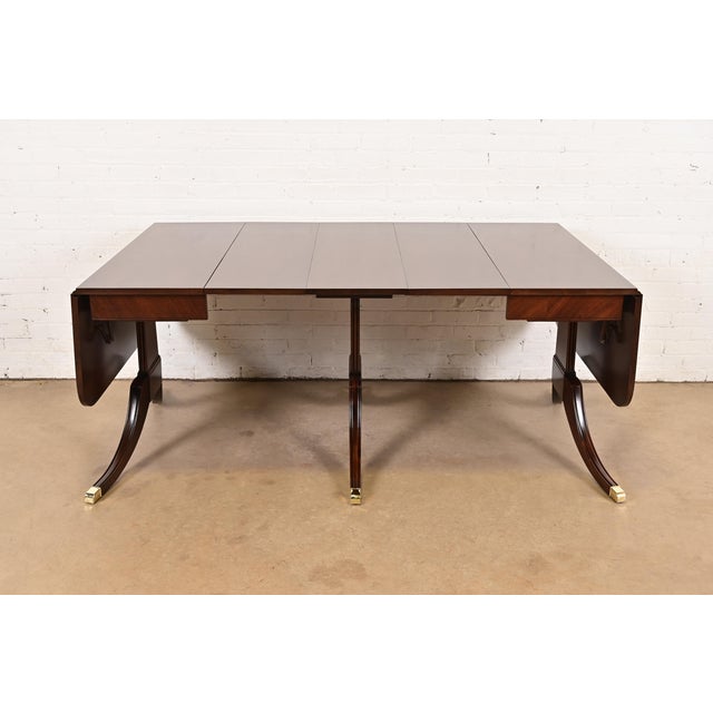 Drexel Regency Carved Mahogany Drop-Leaf Triple Pedestal Extension Dining Table, Newly Refinished For Sale In South Bend - Image 6 of 17
