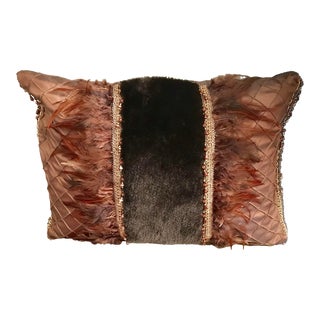 Luxury Chocolate Beaded Silk and Velvet Pillow With Feather Accents For Sale