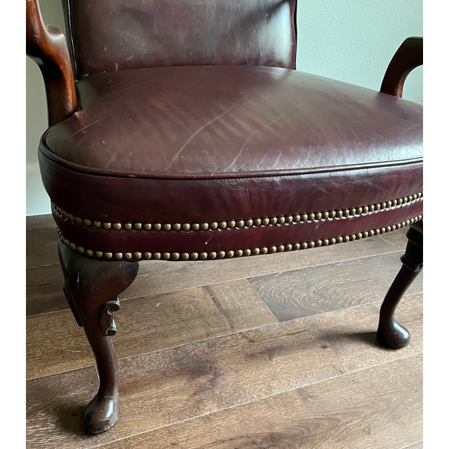 Wood Late 20th Century St. Timothy Queen Anne Style Maroon Leather Library/Office Chairs - A Pair For Sale - Image 7 of 12