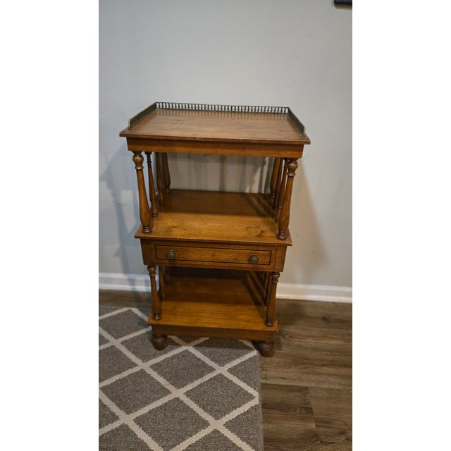 Late 19th Century 3-Tier Wood Étagère With Brass Gallery and Drawer For Sale - Image 4 of 16